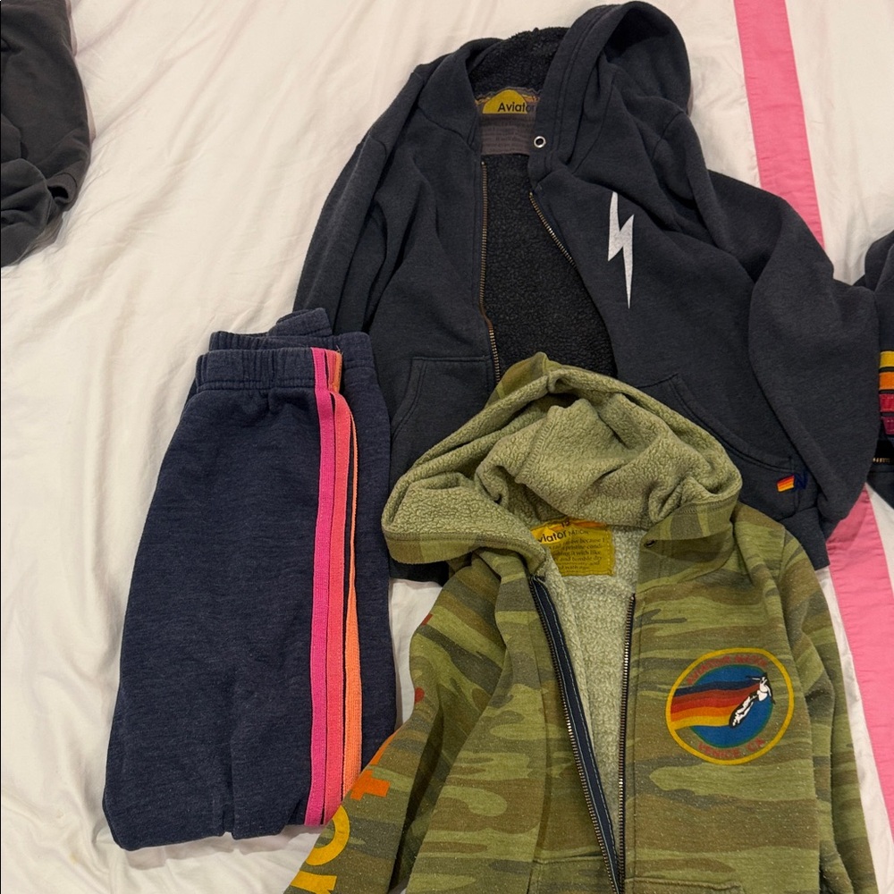 Aviator Nation Dark Gray zip up and camo zip up, navy striped sweatpants